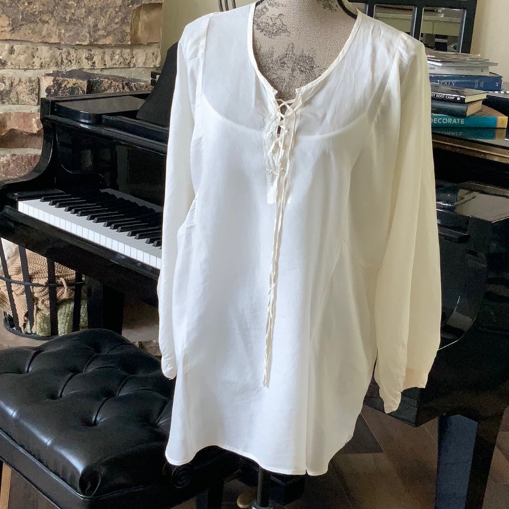 NWT Johnny Was Pete & Greta Tobi Soft 100% Sheer Silk Tunic Lace Up Blouse Small